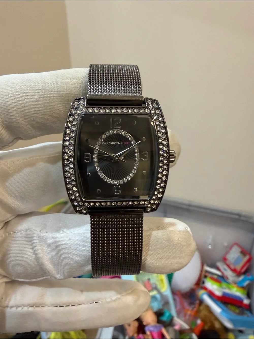Isaac Mizrahi Live IMZ748 Womens Gunmetal Tonneau Crystal Watch Mesh Band PC21